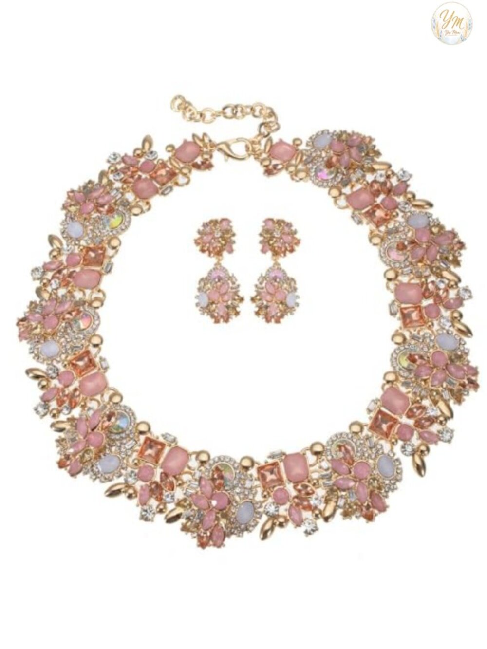 Handmade Crystal Rhinestone Statement Choker Bib Necklace Earring Set for Women